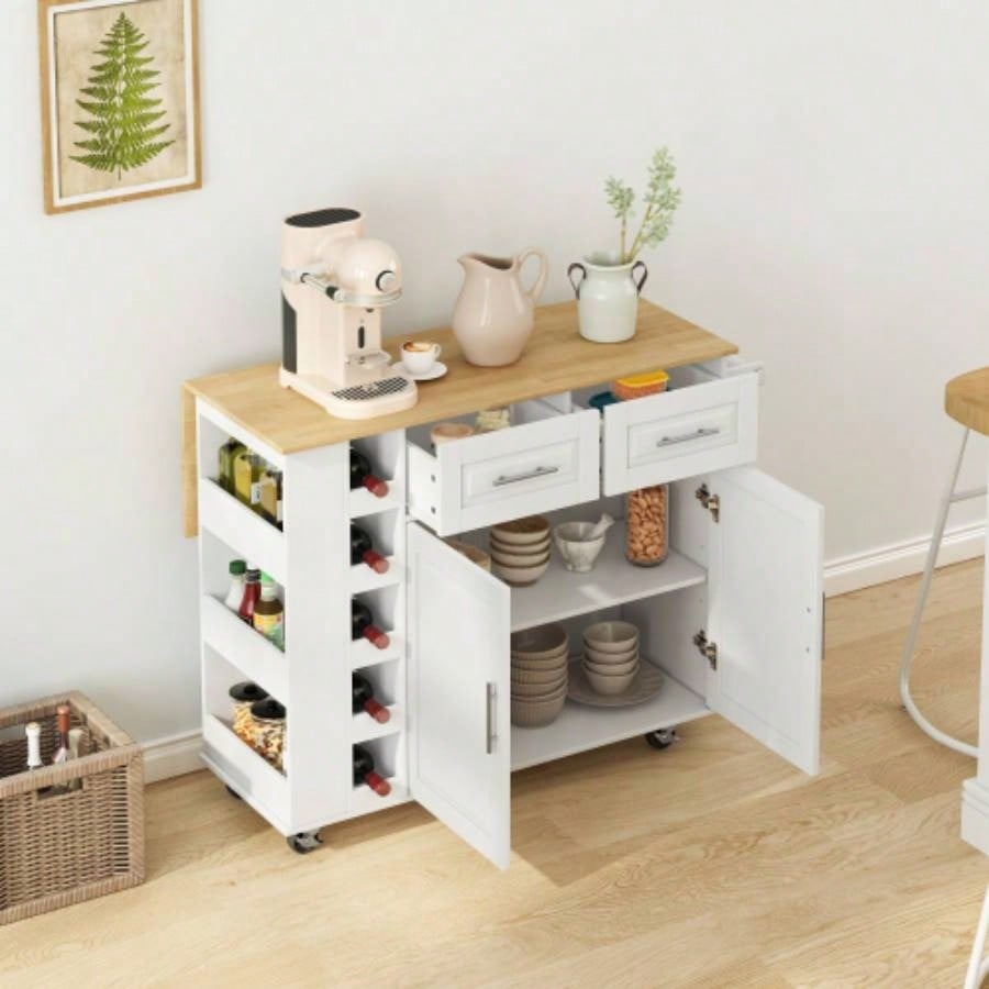 Multi - Functional Kitchen Island Cart with 2 Door Cabinet and Two Drawers, Spice Rack, Towel Holder, Wine Rack, and Foldable Rubberwood Table Top White