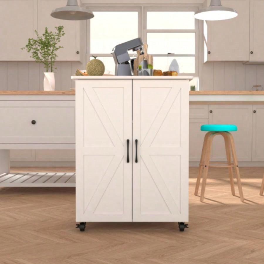 Kitchen Island with Storage on Wheels, Cart, Small Portable Island, Specialty Coffee Bar Cabinet Buffet Sideboard with Barn Door and Wheels Dining Room, Bathroom, Kitchen, Classroom,