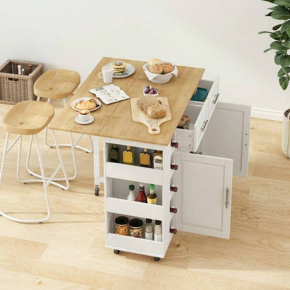 Multi - Functional Kitchen Island Cart with 2 Door Cabinet and Two Drawers, Spice Rack, Towel Holder, Wine Rack, and Foldable Rubberwood Table Top White