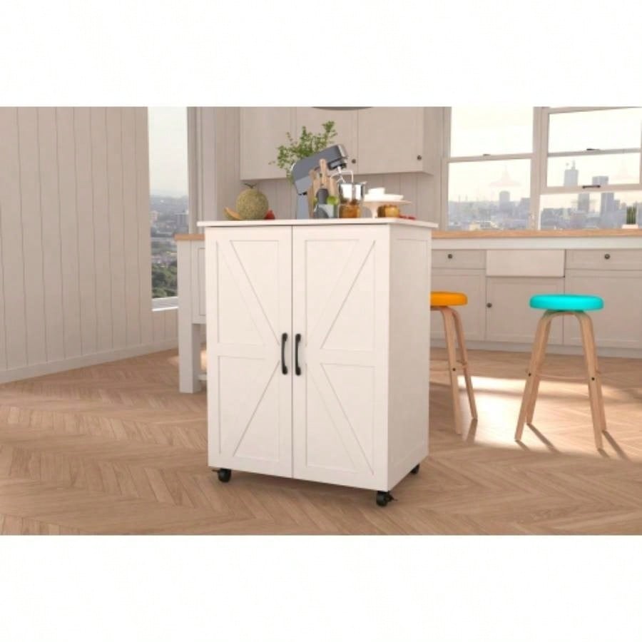 Kitchen Island with Storage on Wheels, Cart, Small Portable Island, Specialty Coffee Bar Cabinet Buffet Sideboard with Barn Door and Wheels Dining Room, Bathroom, Kitchen, Classroom,