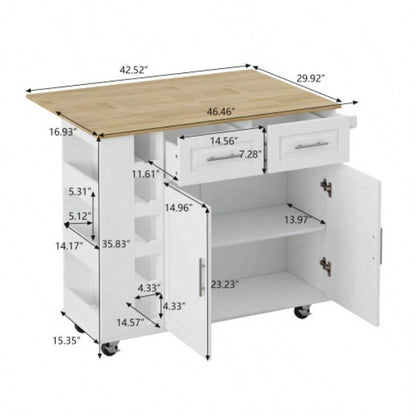 Multi - Functional Kitchen Island Cart with 2 Door Cabinet and Two Drawers, Spice Rack, Towel Holder, Wine Rack, and Foldable Rubberwood Table Top White