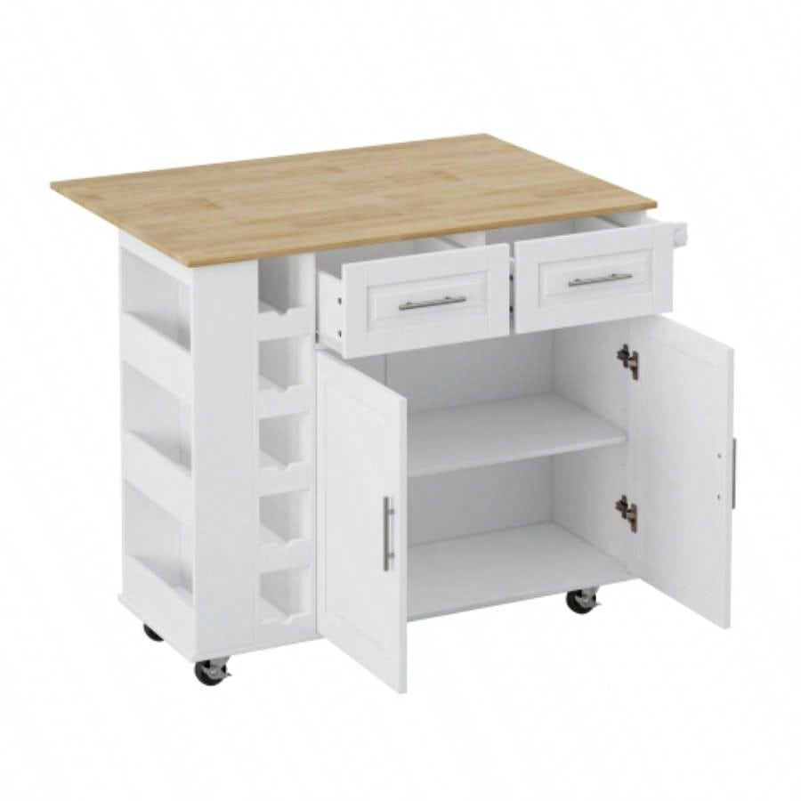 Multi - Functional Kitchen Island Cart with 2 Door Cabinet and Two Drawers, Spice Rack, Towel Holder, Wine Rack, and Foldable Rubberwood Table Top White