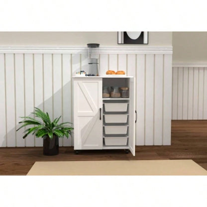 Kitchen Island with Storage on Wheels, Cart, Small Portable Island, Specialty Coffee Bar Cabinet Buffet Sideboard with Barn Door and Wheels Dining Room, Bathroom, Kitchen, Classroom,