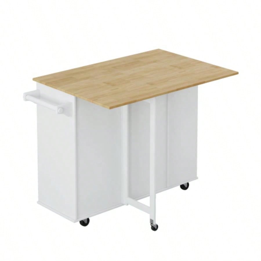 Multi - Functional Kitchen Island Cart with 2 Door Cabinet and Two Drawers, Spice Rack, Towel Holder, Wine Rack, and Foldable Rubberwood Table Top White