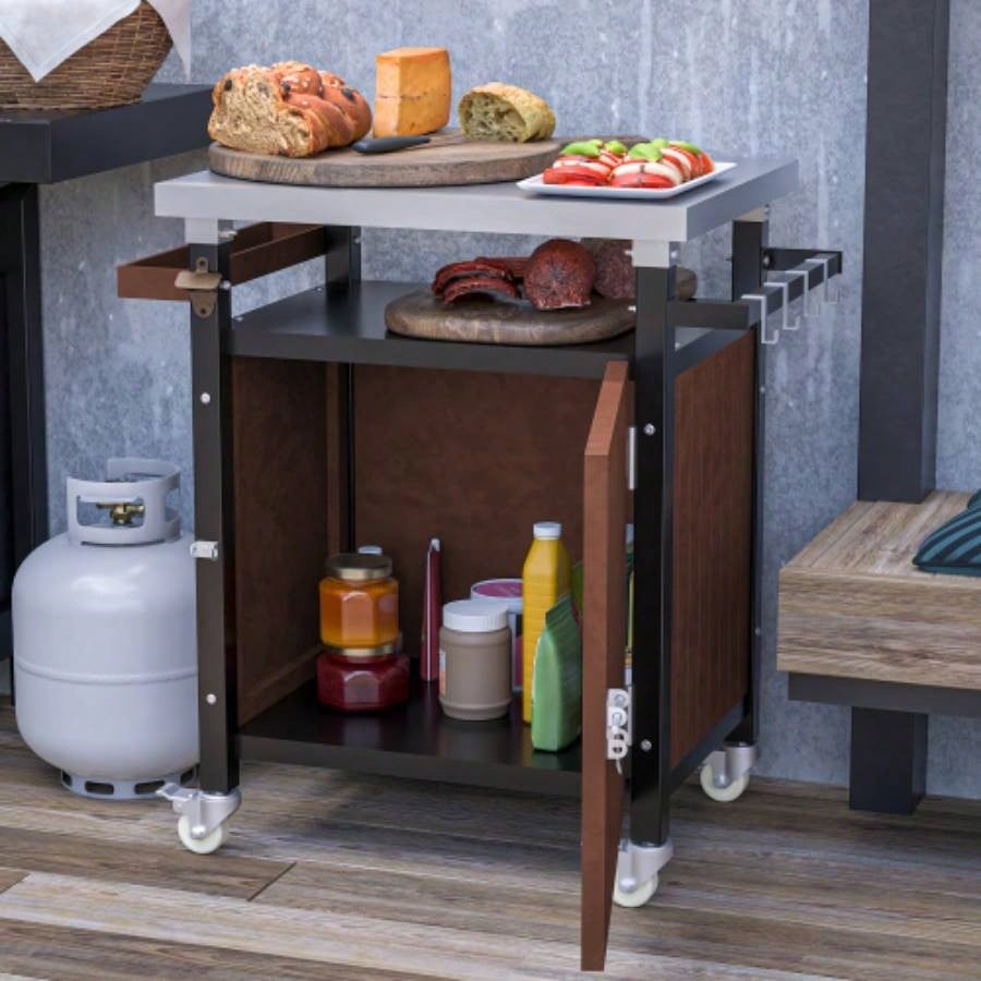 Outdoor Grill Cart with Stainless Steel Tabletop, Storage, Patio Kitchen Island with Wheels, Hooks, and Spice Rack, Waterproof Outdoor Grill Table, Movable BBQ Serving Cart Rolling Bar Cart
