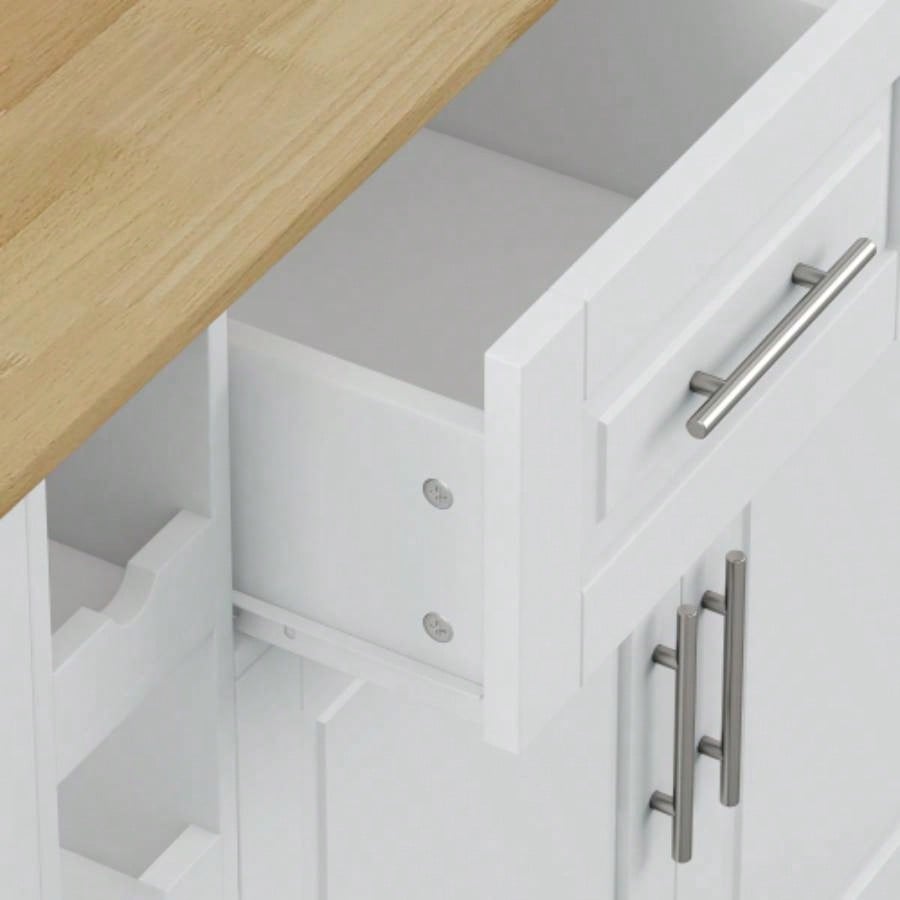 Multi - Functional Kitchen Island Cart with 2 Door Cabinet and Two Drawers, Spice Rack, Towel Holder, Wine Rack, and Foldable Rubberwood Table Top White