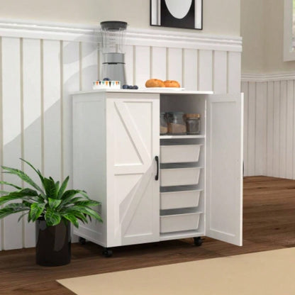 Kitchen Island with Storage on Wheels, Cart, Small Portable Island, Specialty Coffee Bar Cabinet Buffet Sideboard with Barn Door and Wheels Dining Room, Bathroom, Kitchen, Classroom,