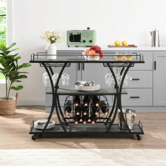 Industrial Bar Cart Kitchen BarServing Cart Home with Wheels 3 - Tier Storage Shelves