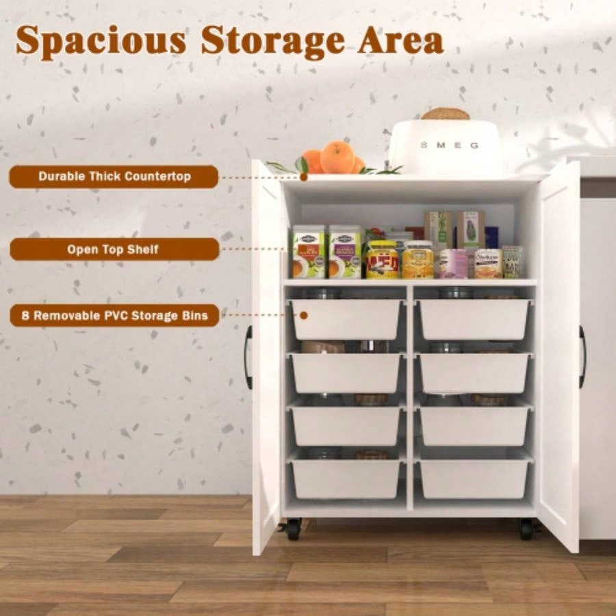 Kitchen Island with Storage on Wheels, Cart, Small Portable Island, Specialty Coffee Bar Cabinet Buffet Sideboard with Barn Door and Wheels Dining Room, Bathroom, Kitchen, Classroom,