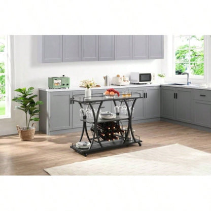 Industrial Bar Cart Kitchen BarServing Cart Home with Wheels 3 - Tier Storage Shelves