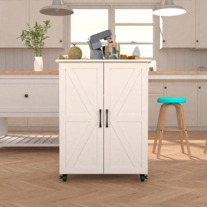 Kitchen Island with Storage on Wheels, Cart, Small Portable Island, Specialty Coffee Bar Cabinet Buffet Sideboard with Barn Door and Wheels Dining Room, Bathroom, Kitchen, Classroom,
