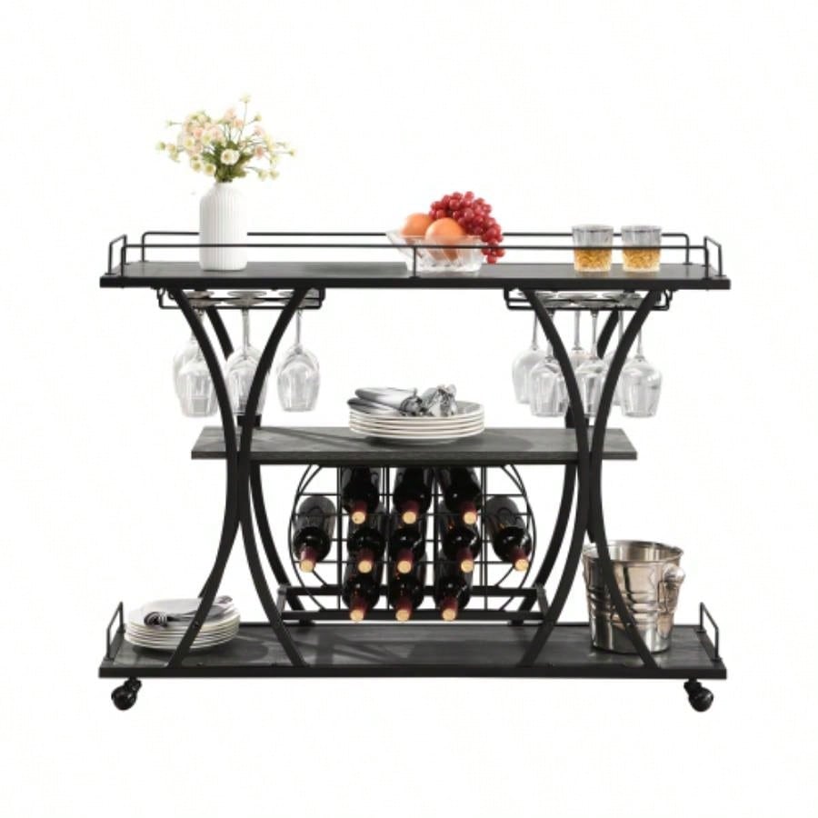 Industrial Bar Cart Kitchen BarServing Cart Home with Wheels 3 - Tier Storage Shelves