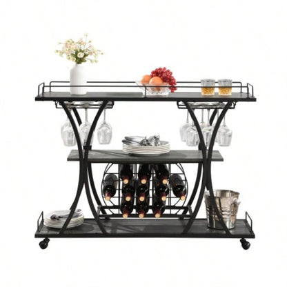 Industrial Bar Cart Kitchen BarServing Cart Home with Wheels 3 - Tier Storage Shelves