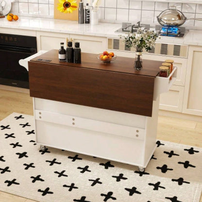 White Kitchen Island Cart with Foldable Tabletop Drop Leaf - Mobile Breakfast Bar on Wheels with Wood Top and Storage