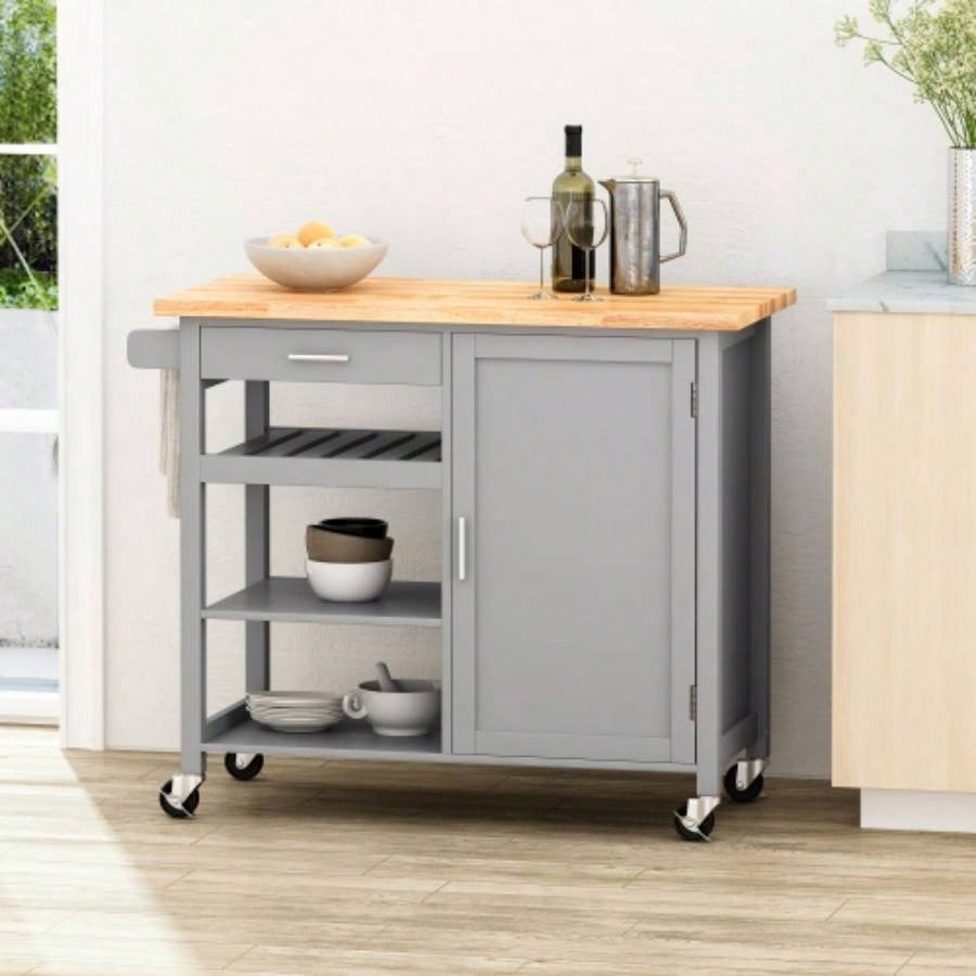 Kitchen Island Cart with Solid Wood Top, 41 Width Mobile Carts with Storage Cabinet, Rolling Kitchen Table with Spice Rack, Towel Rack, and Drawer, Portable Islands on Wheels