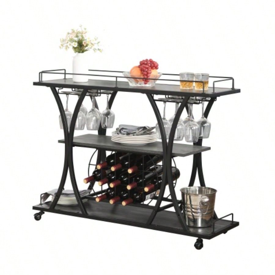 Industrial Bar Cart Kitchen BarServing Cart Home with Wheels 3 - Tier Storage Shelves