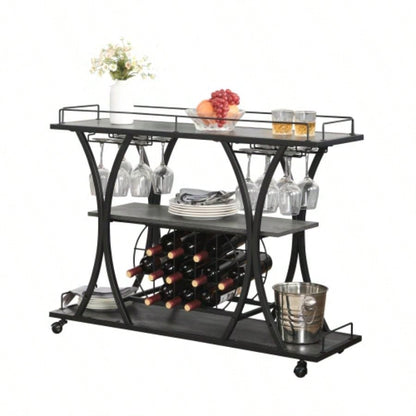 Industrial Bar Cart Kitchen BarServing Cart Home with Wheels 3 - Tier Storage Shelves