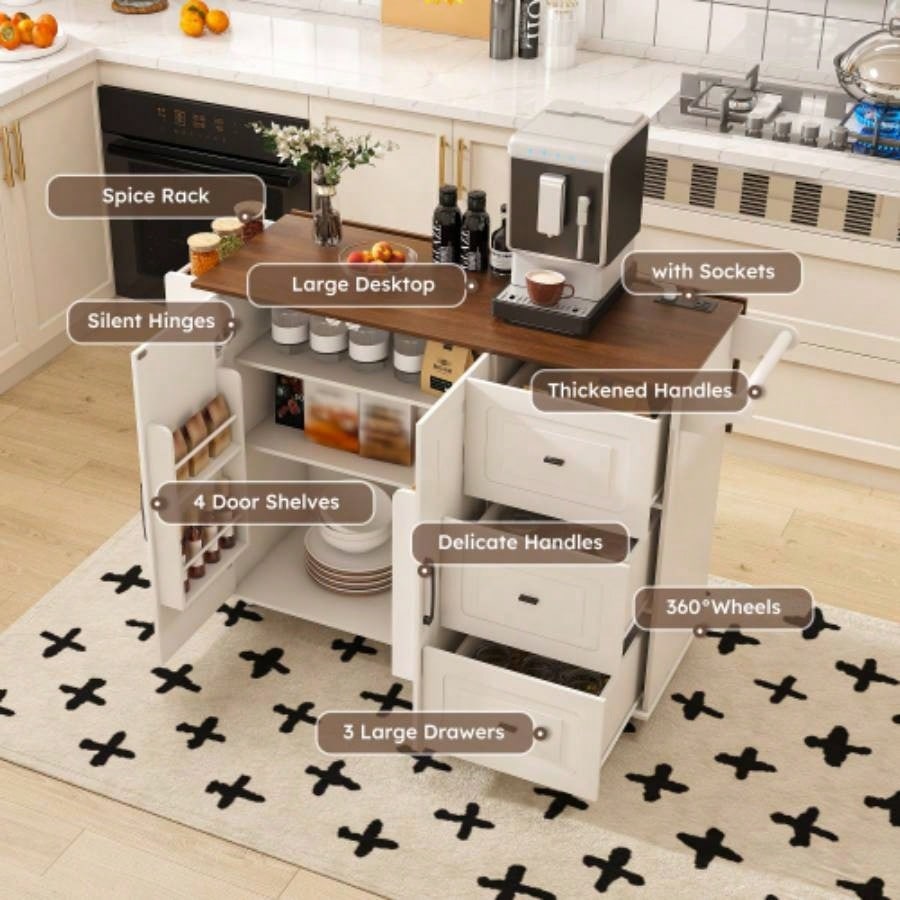 White Kitchen Island Cart with Foldable Tabletop Drop Leaf - Mobile Breakfast Bar on Wheels with Wood Top and Storage