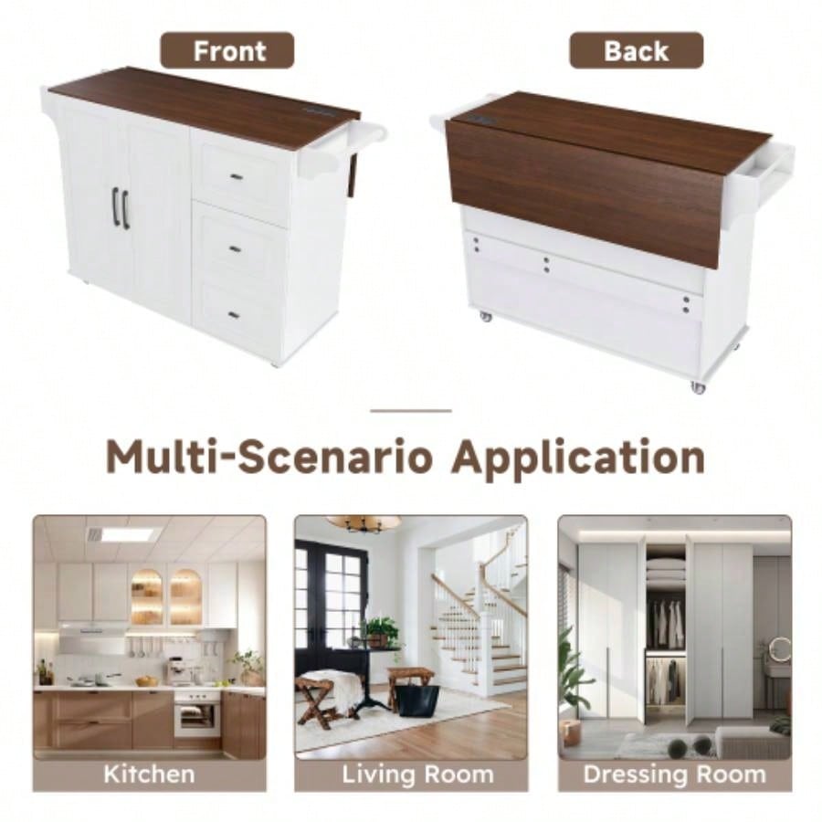 White Kitchen Island Cart with Foldable Tabletop Drop Leaf - Mobile Breakfast Bar on Wheels with Wood Top and Storage