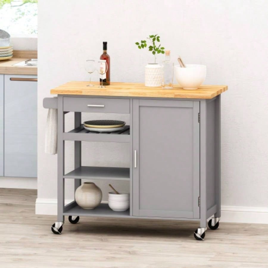 Kitchen Island Cart with Solid Wood Top, 41 Width Mobile Carts with Storage Cabinet, Rolling Kitchen Table with Spice Rack, Towel Rack, and Drawer, Portable Islands on Wheels