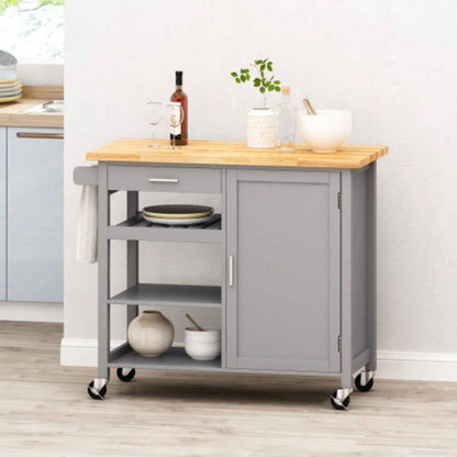 Kitchen Island Cart with Solid Wood Top, 41 Width Mobile Carts with Storage Cabinet, Rolling Kitchen Table with Spice Rack, Towel Rack, and Drawer, Portable Islands on Wheels