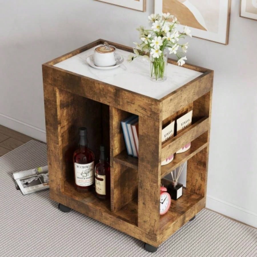 Mid - modern style movable side cabinet sofa, household brown trolley storage locker and shelf living room.