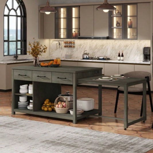 TREXM Extendable Kitchen Island with Storage, Multi - Functional Kitchen Cart with Built - In Power Outlets, Retro Kitchen Island on Wheels with Drawers and Open Shelves Kitchen Gray
