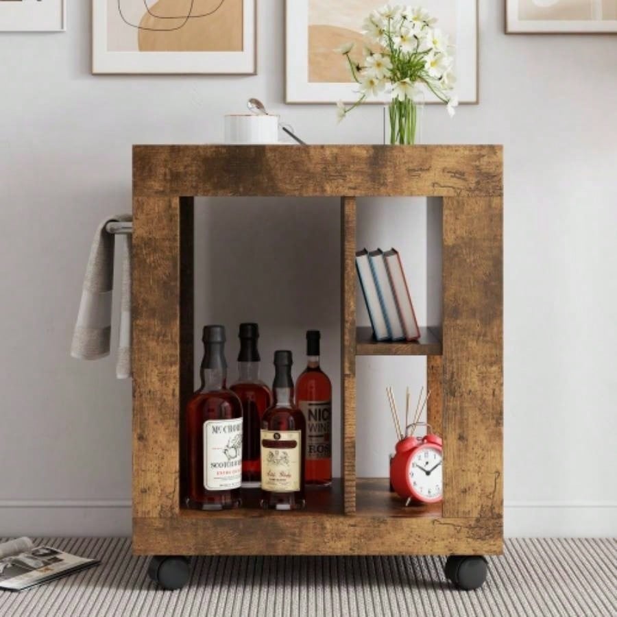 Mid - modern style movable side cabinet sofa, household brown trolley storage locker and shelf living room.