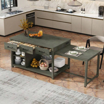 TREXM Extendable Kitchen Island with Storage, Multi - Functional Kitchen Cart with Built - In Power Outlets, Retro Kitchen Island on Wheels with Drawers and Open Shelves Kitchen Gray