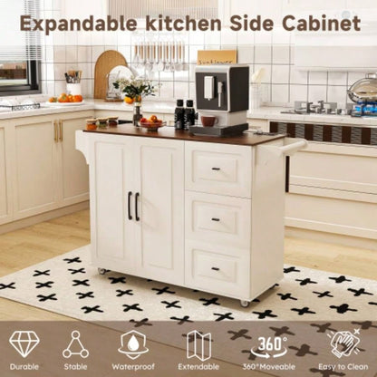 White Kitchen Island Cart with Foldable Tabletop Drop Leaf - Mobile Breakfast Bar on Wheels with Wood Top and Storage