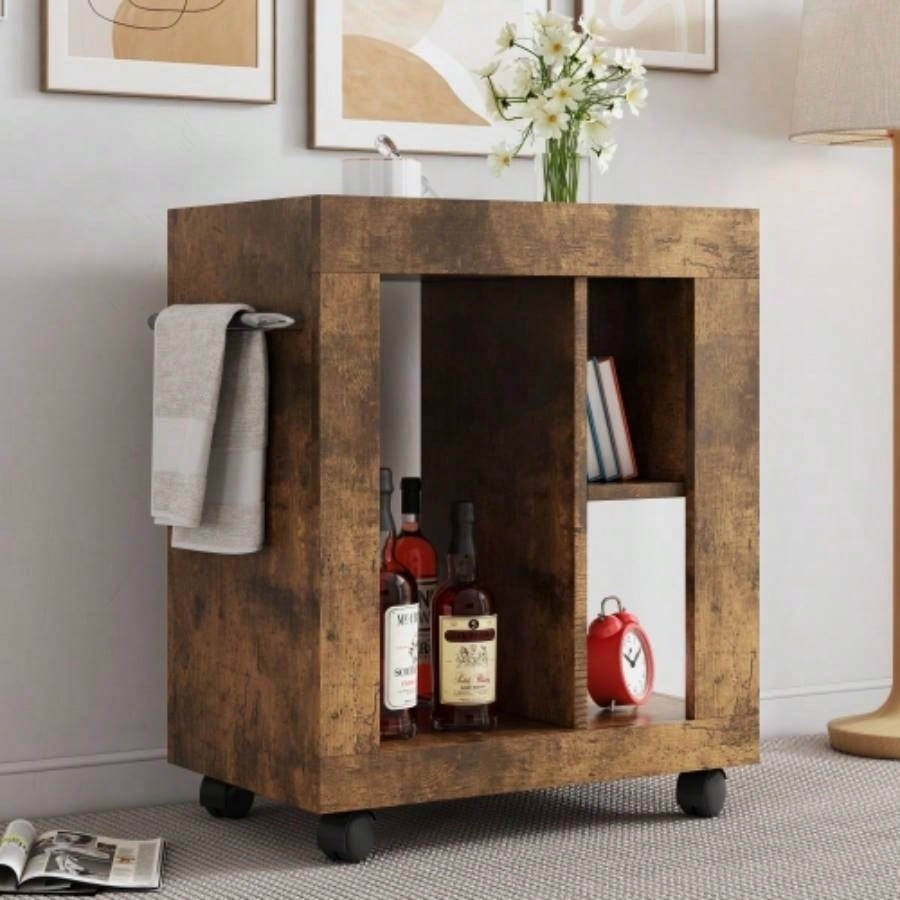 Mid - modern style movable side cabinet sofa, household brown trolley storage locker and shelf living room.