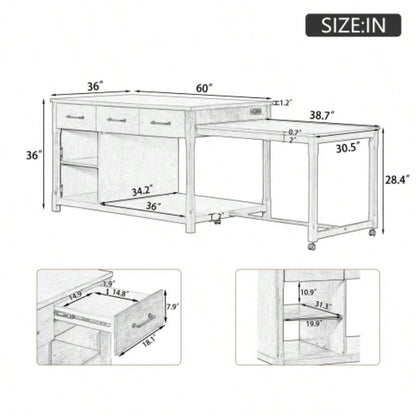 TREXM Extendable Kitchen Island with Storage, Multi - Functional Kitchen Cart with Built - In Power Outlets, Retro Kitchen Island on Wheels with Drawers and Open Shelves Kitchen Gray