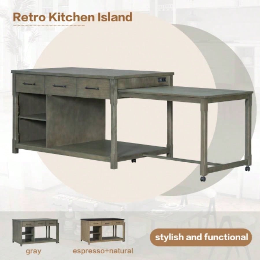 TREXM Extendable Kitchen Island with Storage, Multi - Functional Kitchen Cart with Built - In Power Outlets, Retro Kitchen Island on Wheels with Drawers and Open Shelves Kitchen Gray