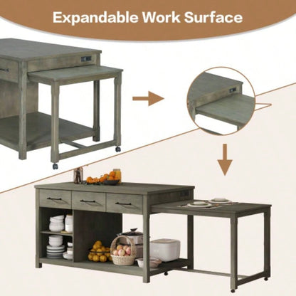 TREXM Extendable Kitchen Island with Storage, Multi - Functional Kitchen Cart with Built - In Power Outlets, Retro Kitchen Island on Wheels with Drawers and Open Shelves Kitchen Gray