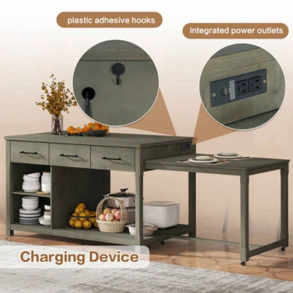 TREXM Extendable Kitchen Island with Storage, Multi - Functional Kitchen Cart with Built - In Power Outlets, Retro Kitchen Island on Wheels with Drawers and Open Shelves Kitchen Gray