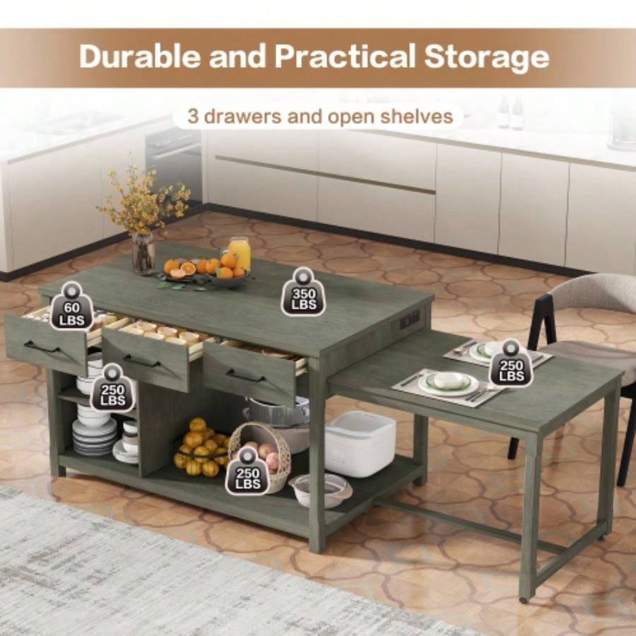 TREXM Extendable Kitchen Island with Storage, Multi - Functional Kitchen Cart with Built - In Power Outlets, Retro Kitchen Island on Wheels with Drawers and Open Shelves Kitchen Gray