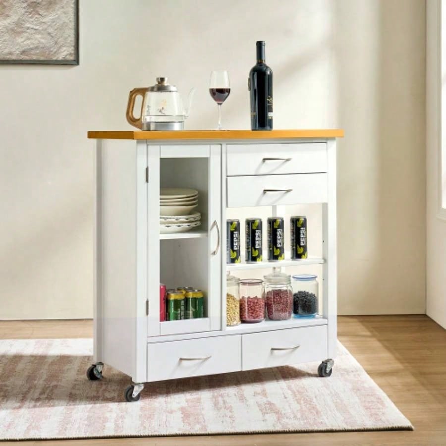 Kitchen Island Cart with walnut wood Top, Rolling Storage Cabinet on Wheels with Drawers, Sideboard Buffet with Towel Bar, White