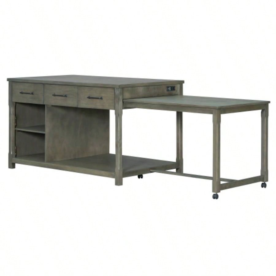 TREXM Extendable Kitchen Island with Storage, Multi - Functional Kitchen Cart with Built - In Power Outlets, Retro Kitchen Island on Wheels with Drawers and Open Shelves Kitchen Gray