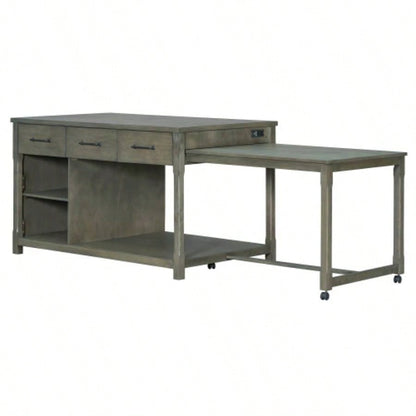 TREXM Extendable Kitchen Island with Storage, Multi - Functional Kitchen Cart with Built - In Power Outlets, Retro Kitchen Island on Wheels with Drawers and Open Shelves Kitchen Gray