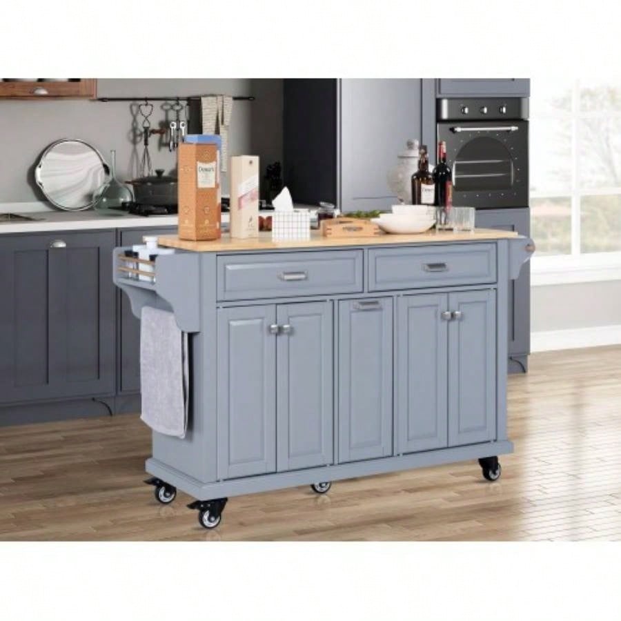 Kitchen Island with Rubber wood Countertop, Kitchen Cart on 5 Wheels with Storage Cabinet and 2 Top Drawers and A center double layered storage drawer Dinning Room,