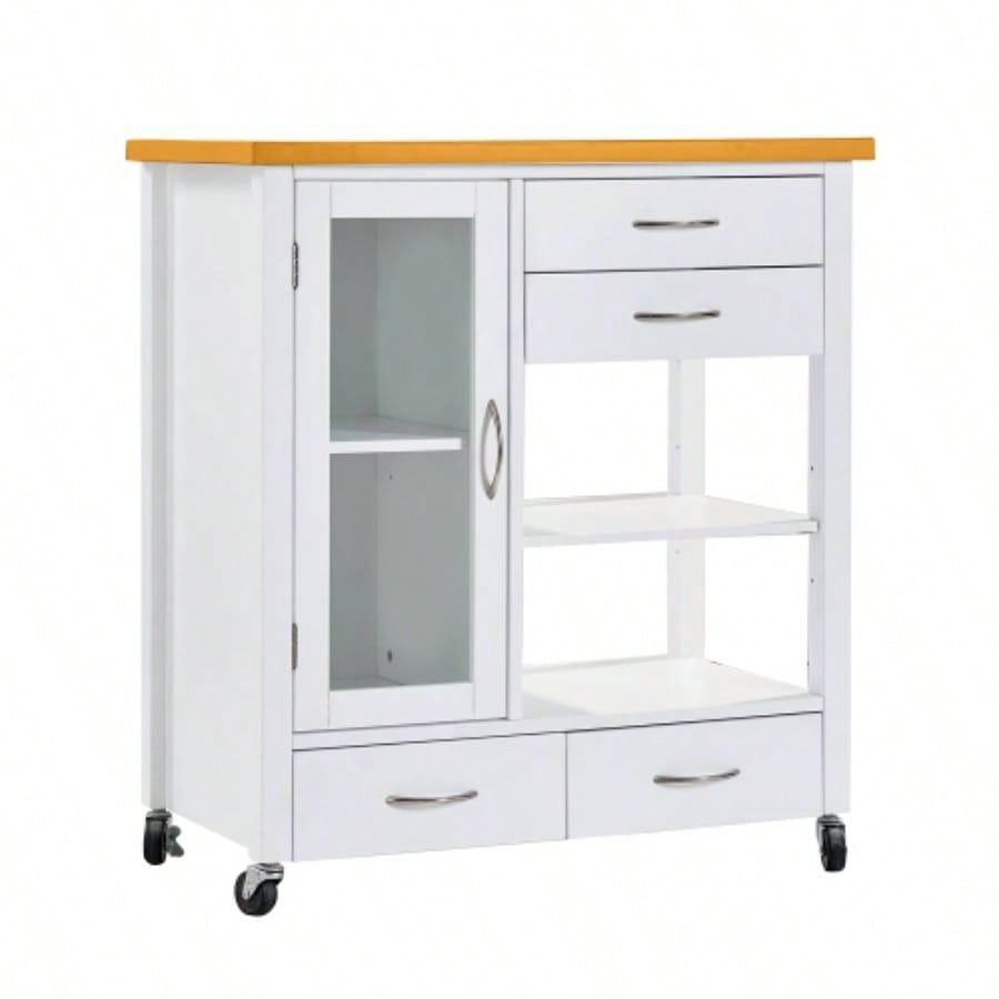 Kitchen Island Cart with walnut wood Top, Rolling Storage Cabinet on Wheels with Drawers, Sideboard Buffet with Towel Bar, White