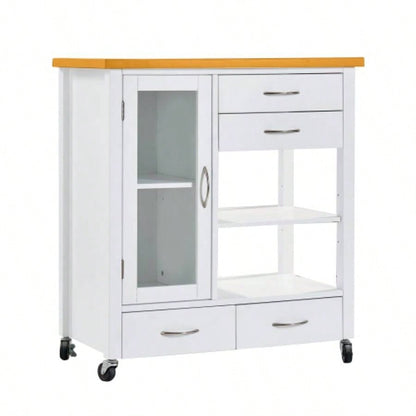 Kitchen Island Cart with walnut wood Top, Rolling Storage Cabinet on Wheels with Drawers, Sideboard Buffet with Towel Bar, White