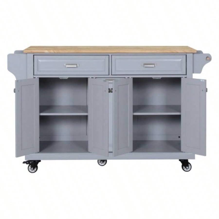 Kitchen Island with Rubber wood Countertop, Kitchen Cart on 5 Wheels with Storage Cabinet and 2 Top Drawers and A center double layered storage drawer Dinning Room,