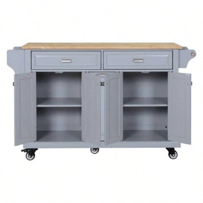 Kitchen Island with Rubber wood Countertop, Kitchen Cart on 5 Wheels with Storage Cabinet and 2 Top Drawers and A center double layered storage drawer Dinning Room,
