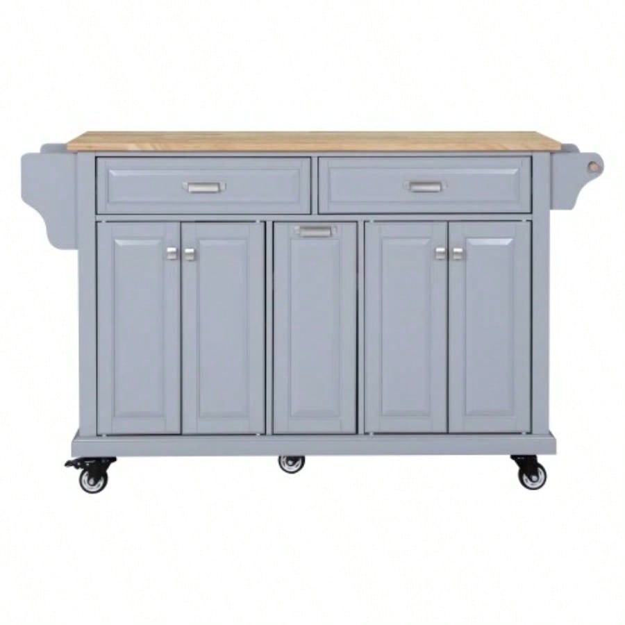 Kitchen Island with Rubber wood Countertop, Kitchen Cart on 5 Wheels with Storage Cabinet and 2 Top Drawers and A center double layered storage drawer Dinning Room,