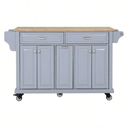Kitchen Island with Rubber wood Countertop, Kitchen Cart on 5 Wheels with Storage Cabinet and 2 Top Drawers and A center double layered storage drawer Dinning Room,