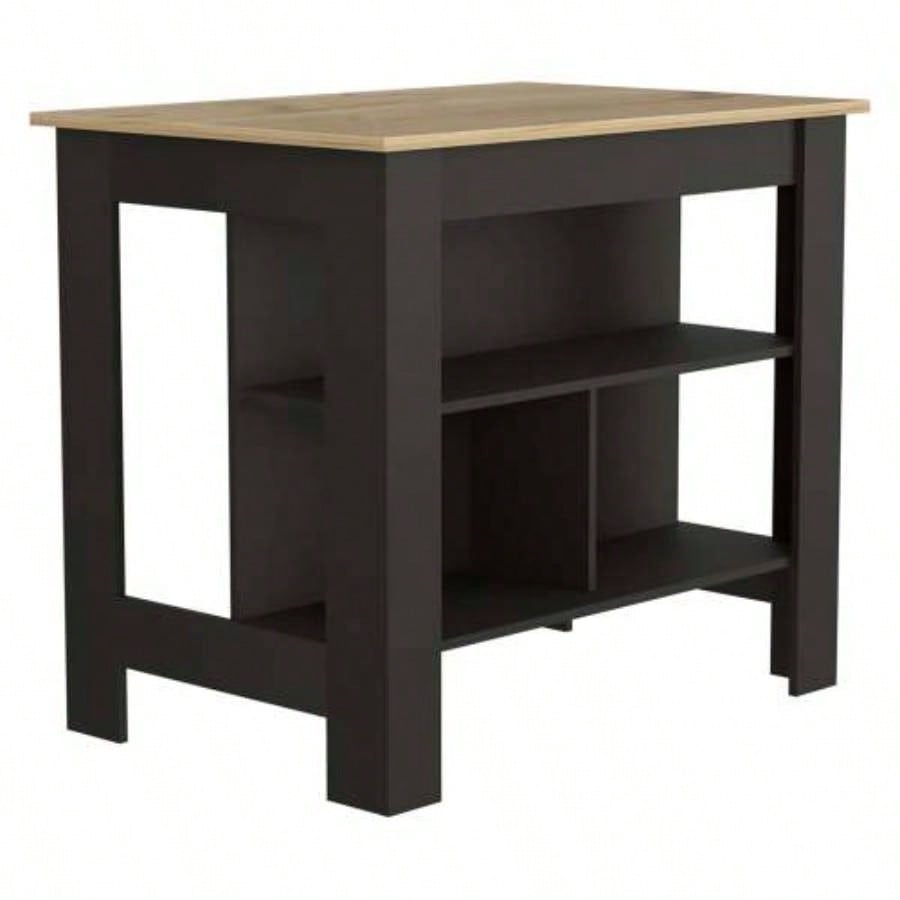 Kitchen Island, kitchen table 35 H, Four, Three Open Storage Shelves, Black/ Light Oak