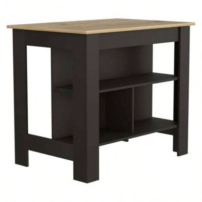 Kitchen Island, kitchen table 35 H, Four, Three Open Storage Shelves, Black/ Light Oak