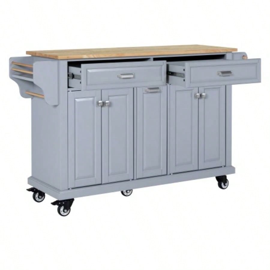 Kitchen Island with Rubber wood Countertop, Kitchen Cart on 5 Wheels with Storage Cabinet and 2 Top Drawers and A center double layered storage drawer Dinning Room,