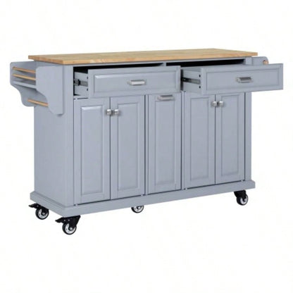 Kitchen Island with Rubber wood Countertop, Kitchen Cart on 5 Wheels with Storage Cabinet and 2 Top Drawers and A center double layered storage drawer Dinning Room,
